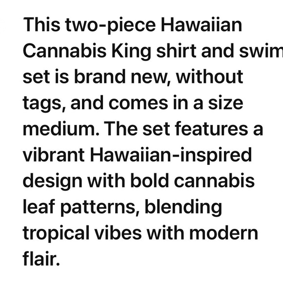 Hawaiian King Cannabis Men’s Two Piece Set Shirt and Trunks NWOT Sz M Free Gift - Picture 10 of 11